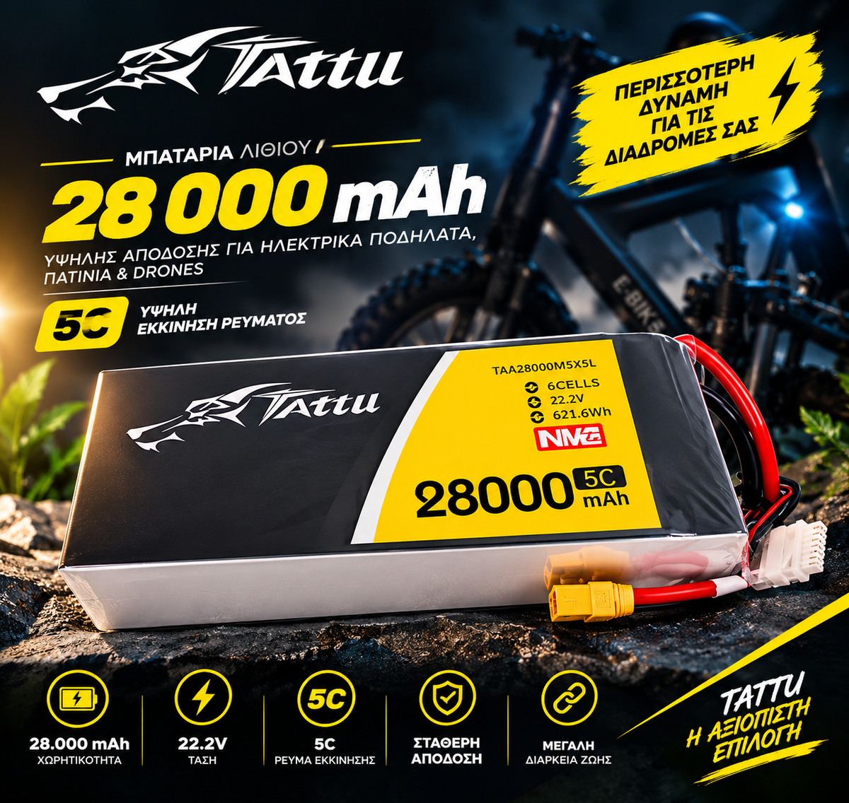 Tattu 28000mAh 22.2V 6S LiPo Battery XT90-S για E-Bike, Drone & UAV
